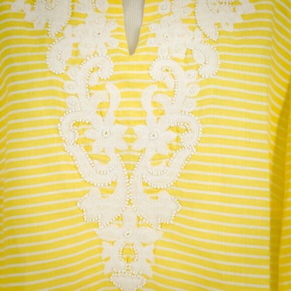 Talbots Size XL Yellow Embroidered Bead Split V Neck Long Sleeve Boxy Linen Top - Picture 2 of 6